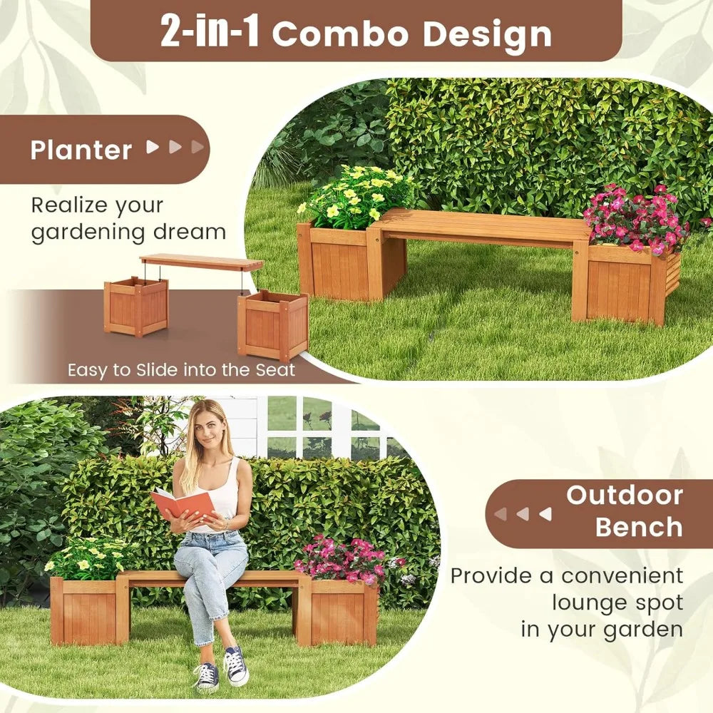 Ticify 3-In-1 Outdoor Teak Bench With Raised Bed And Planter Boxes