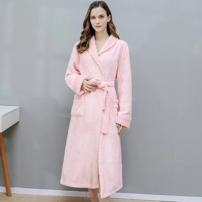 Winter Warm Thick Long Coral Velvet Bathrobe For Adults Women Men
