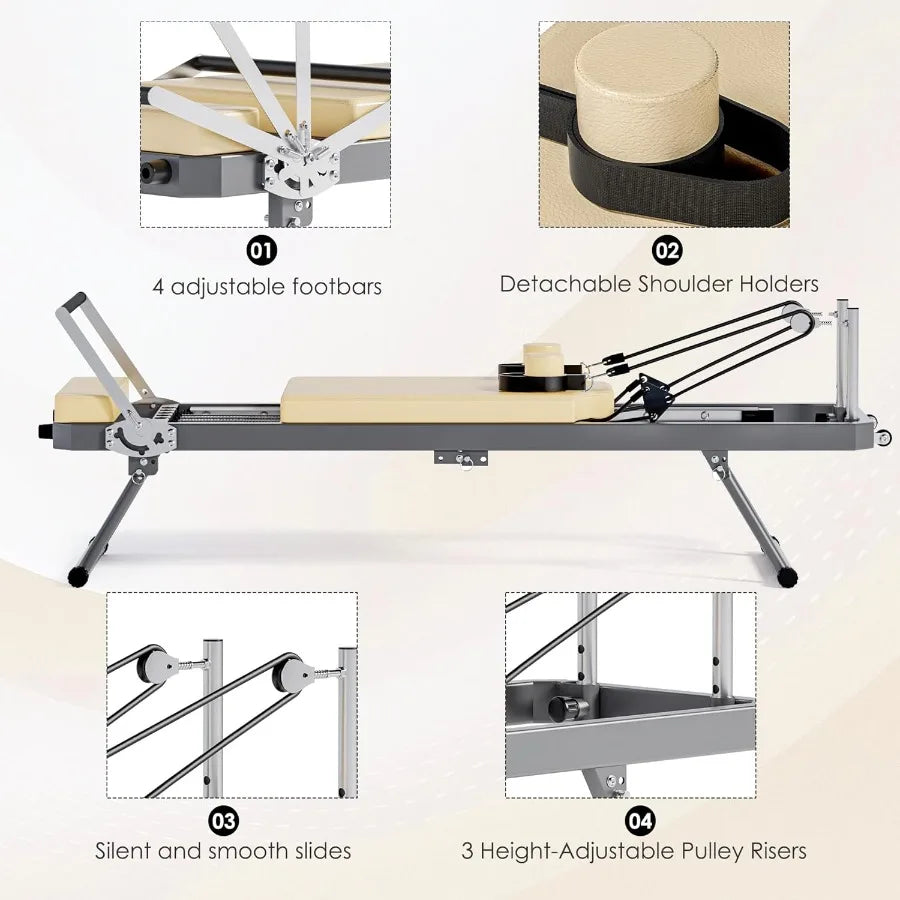Foldable Pilates Reformer Machine with Springs Resistance for FullBody Home Workout Adjustable Fitness Equipment Suitable for A