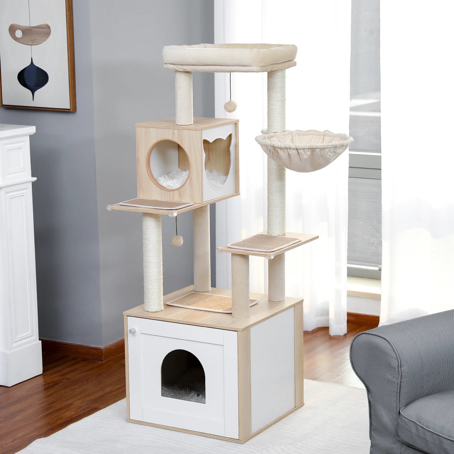 Multi Level Cat Tree Indoor Wood Cat Tower With Scratching Posts And Hammock