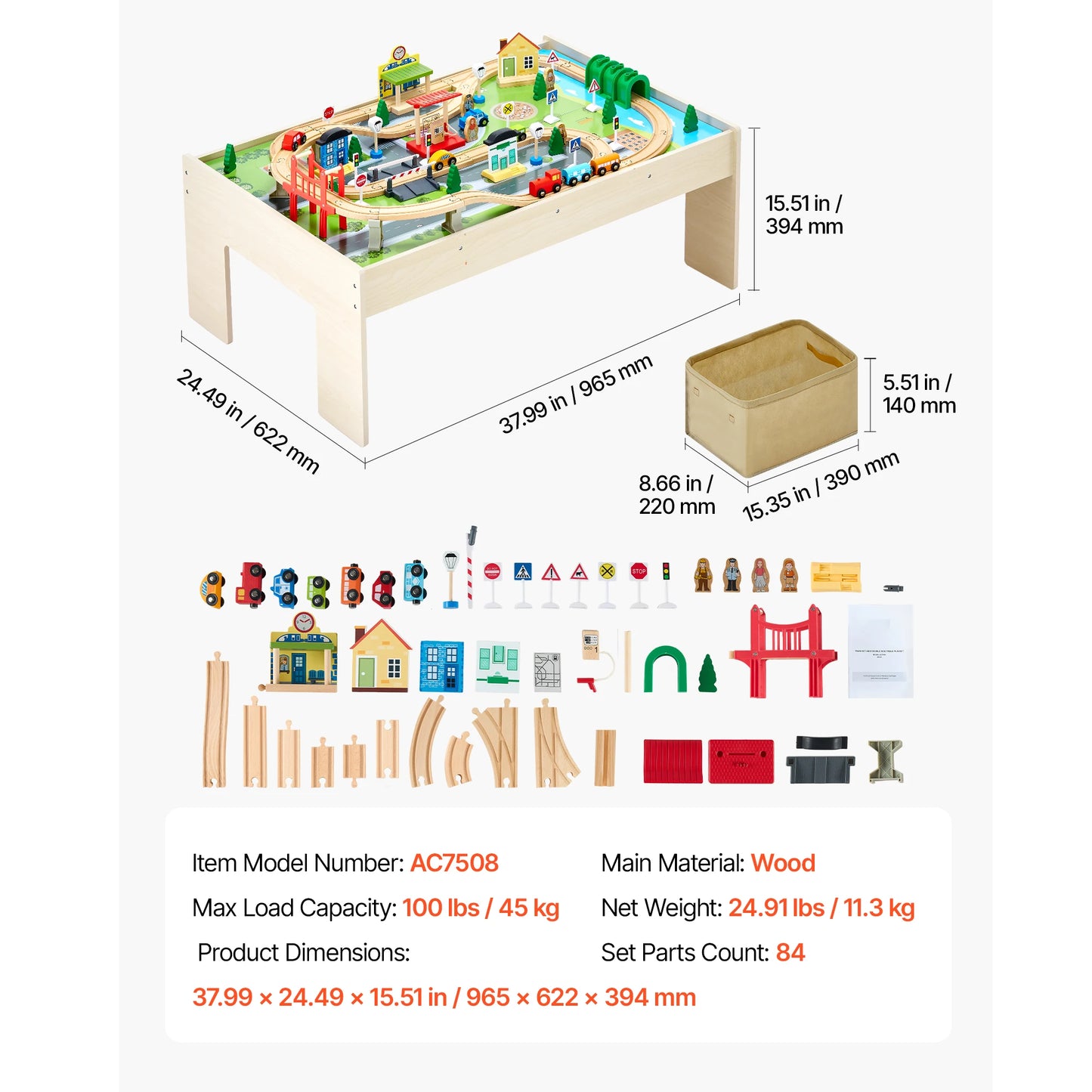 SucceBuy Kids Wooden Train Table Set 84 Piece Colorful Activity Storage Bin