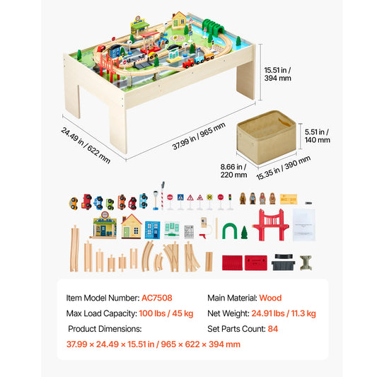 SucceBuy Kids Wooden Train Table Set 84 Piece Colorful Activity Storage Bin