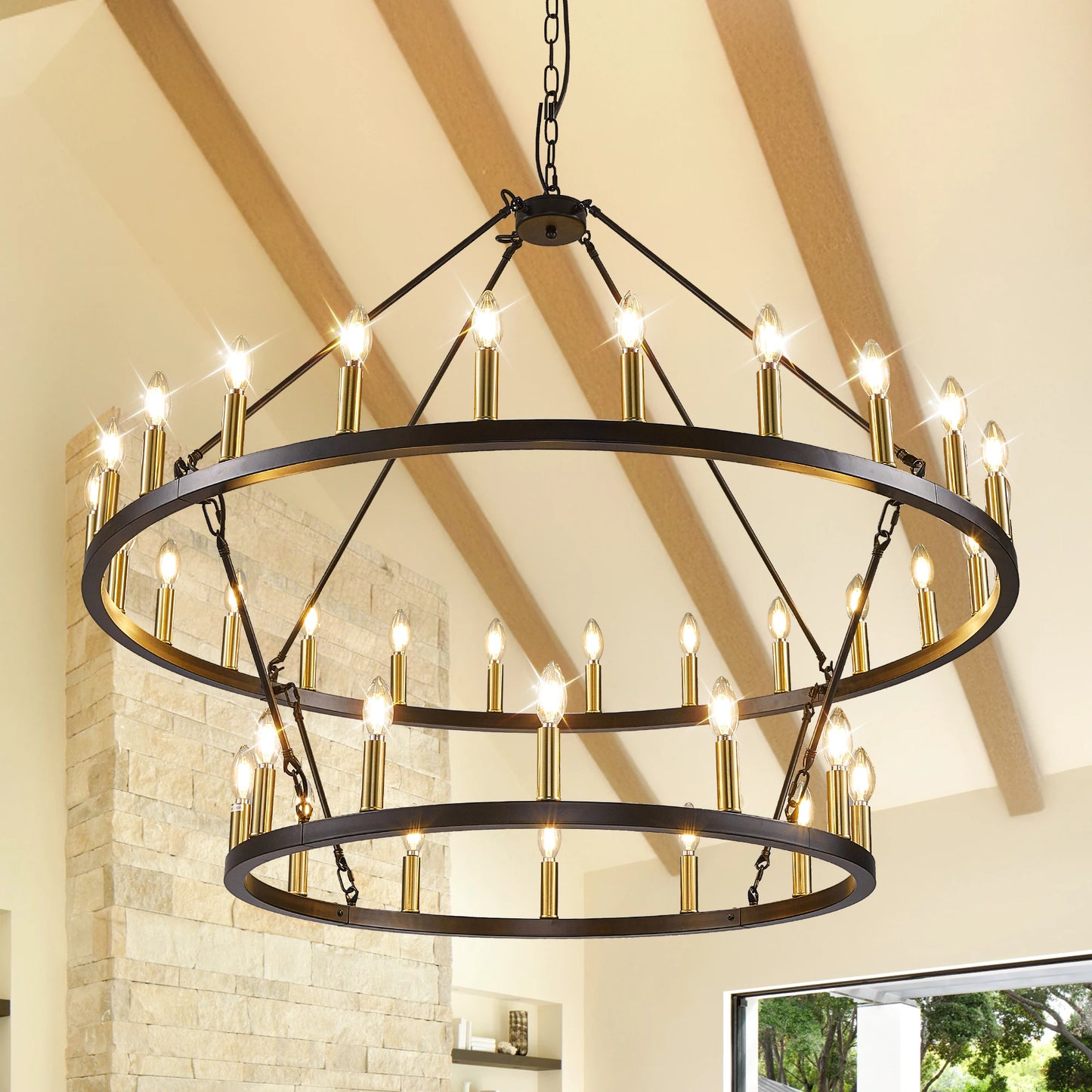 47 Inch Wagon Wheel Chandelier 2 Tier 36 Lights Farmhouse Pendant Dimmable