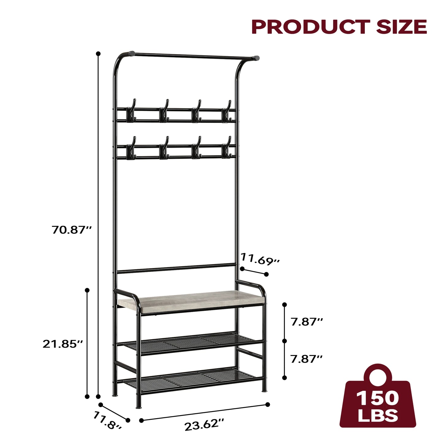 3-in-1 Hall Tree Shoe Rack for Entryway, Coat Tree with 3-Tier Storage Shelf and 8 Hooks, Multifunctional Hallway Organizer