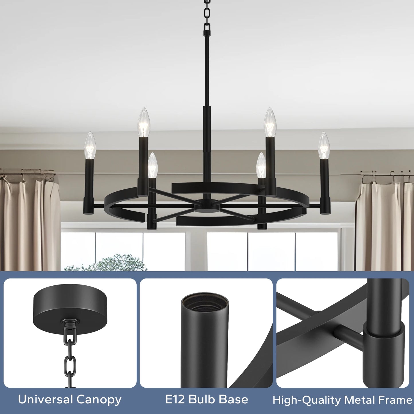 30In Wagon Wheel Chandelier 6 Light Industrial Farmhouse Iron Pendant E12 Base