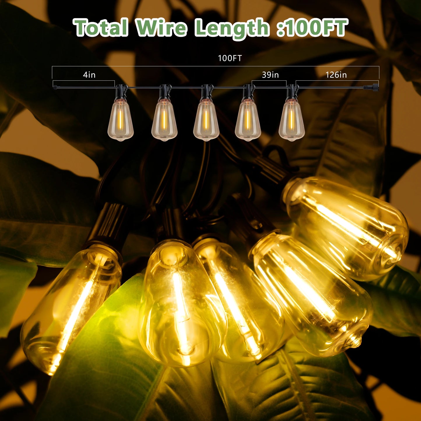 100Ft Solar Outdoor String Lights IP65 Waterproof With Replaceable Bulbs
