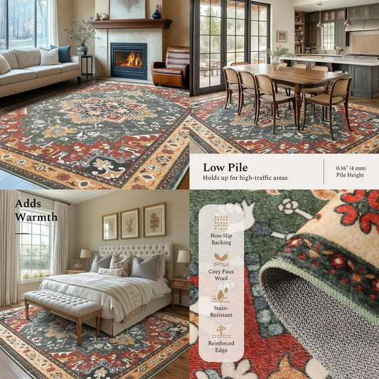 High-Quality Plush Living Room Area Rugs, 9x12 Feet, Machine Washable, Thick and Soft Oriental Style Carpet for Home Decor