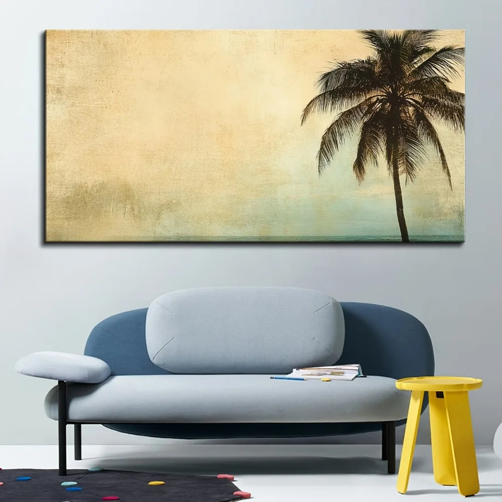 1.5 inch thick pine solid wood frame, golden ocean beach palm tree, sunset landscape coconut tree, landscape painting poster