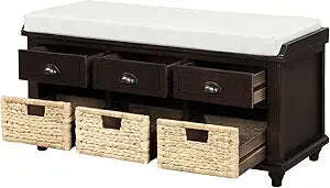 DAFIFY White Washed Wood Storage Bench With 3 Drawers And 3 Rattan Baskets