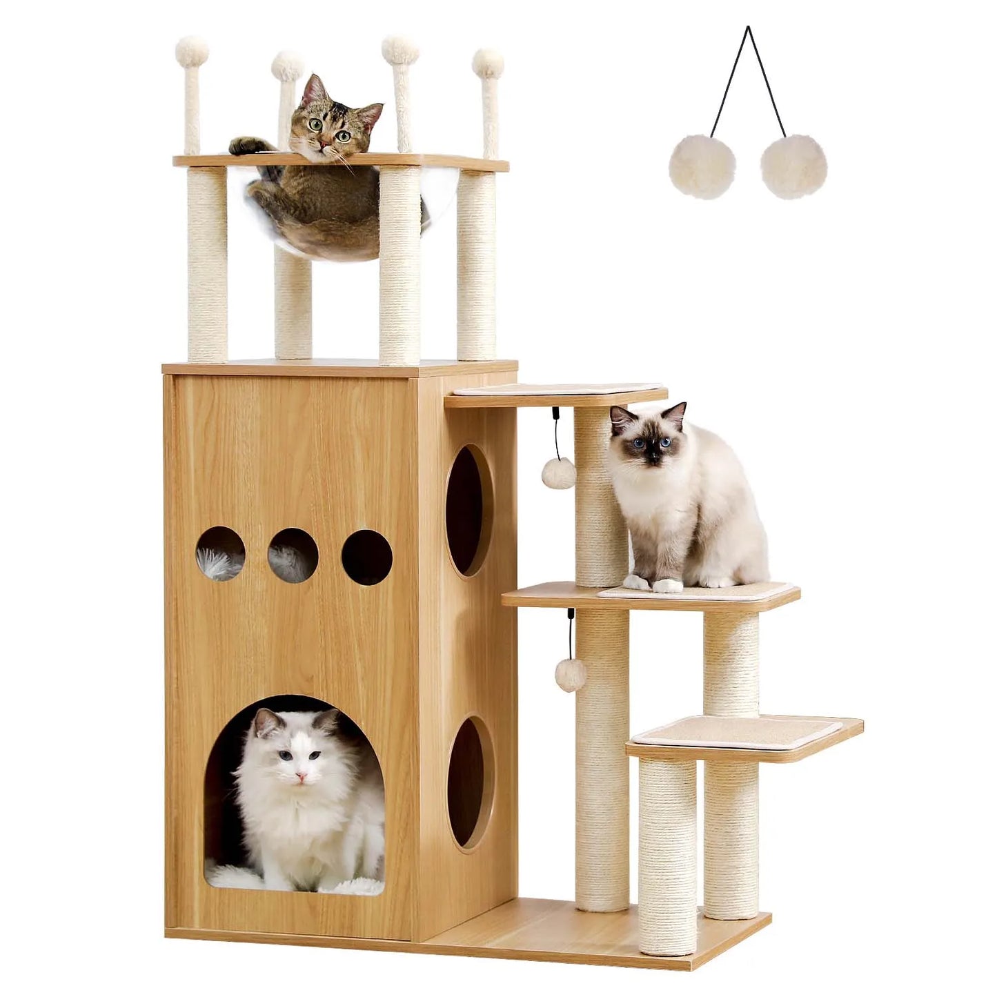 Multi Level Cat Tree Indoor Wood Cat Tower With Scratching Posts And Hammock