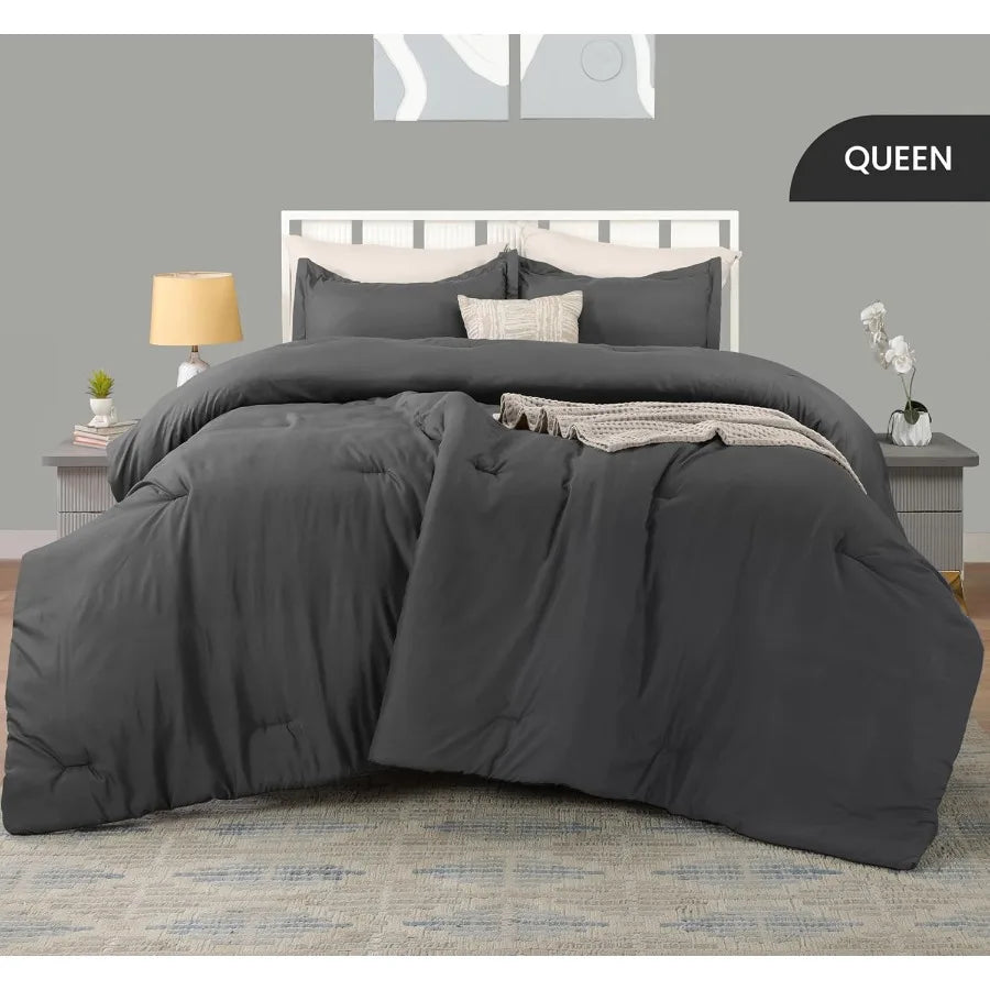 Queen Grey Comforter Set 3 Piece Down Alternative Bedding 88 x 88 Inch Comforter