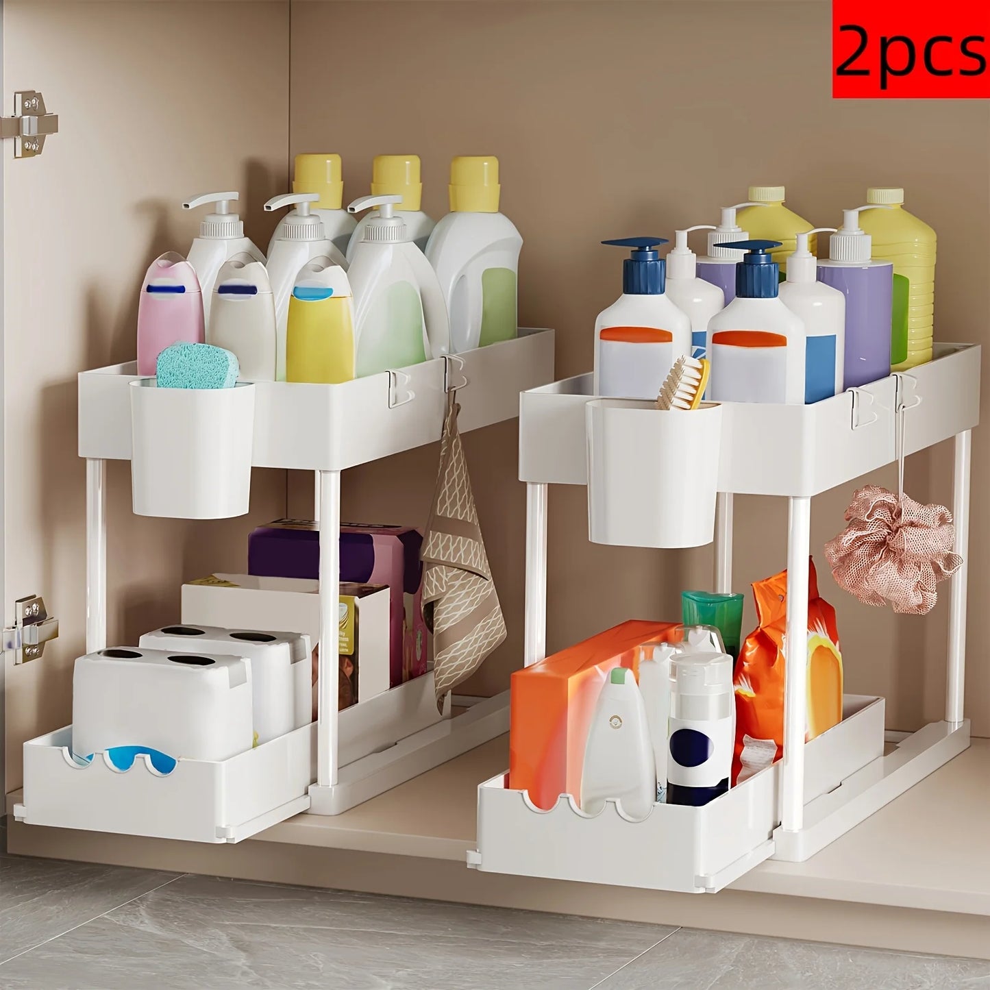 Two Pieces Two Tier Sliding Cabinet Organizer Pull Out Under Sink Rack Storage