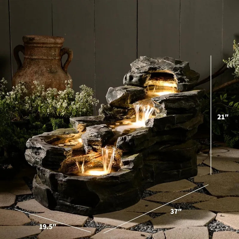 37 Inch Water Fountain Floor Standing 5 Tier Rock Waterfall LED Lights Patio