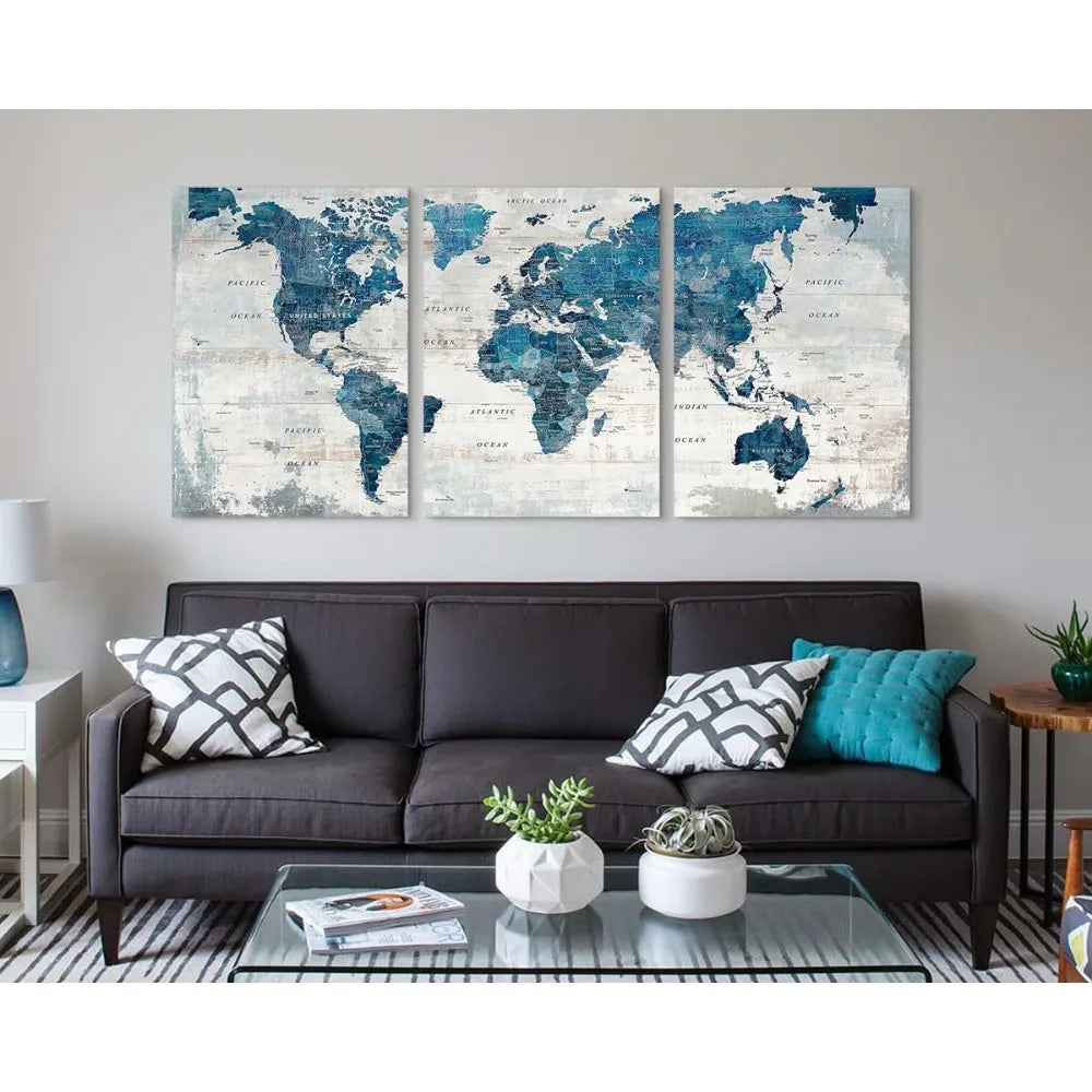 Three Piece Map Canvas Art Set For Living Room Blue Grey Wall Decor