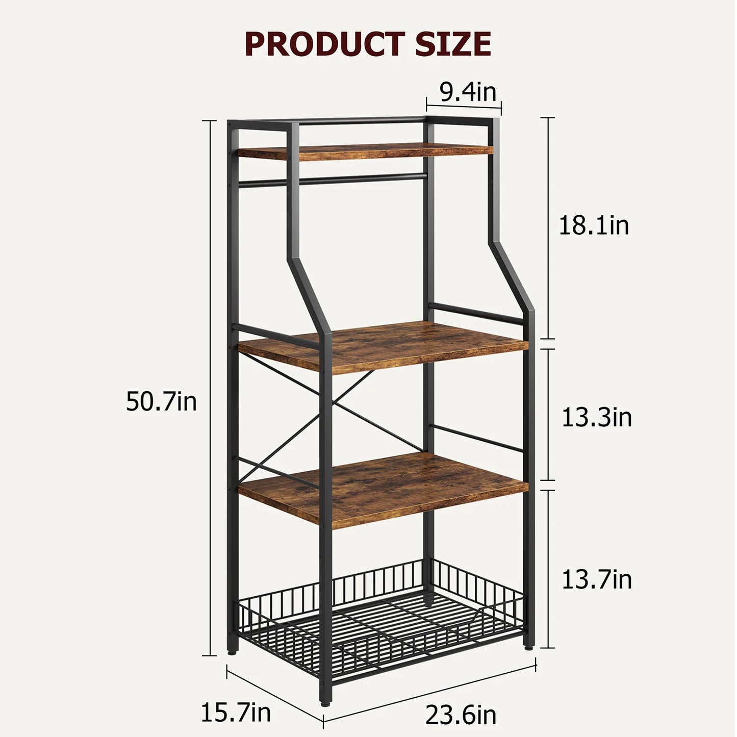 4-Tier Kitchen Bakers Rack With Microwave Oven Stand And Wire Basket 8 Hooks