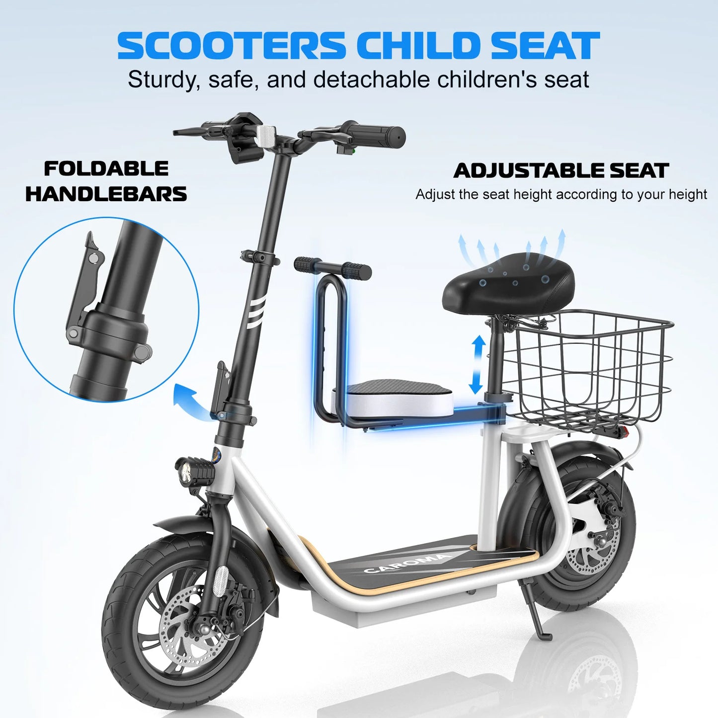 Peak 1200W Electric Scooter With Kids Seat 12 Inch Shock Absorbing Tires