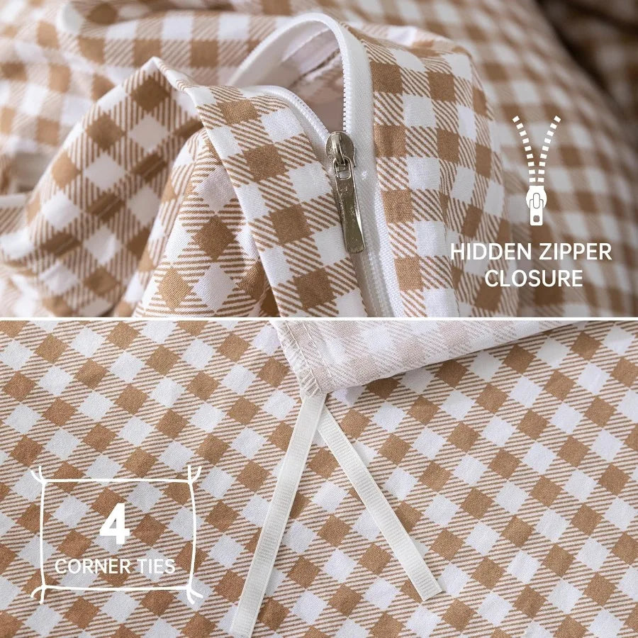 Tan Gingham Duvet Cover Bedding Set 3 Piece Extra Soft Breathable Brown Plaid
