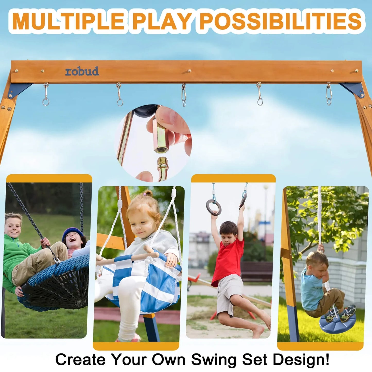 Robotime Robud 3 In 1 Wooden Playground Swing Set For Backyard With Tree Swing