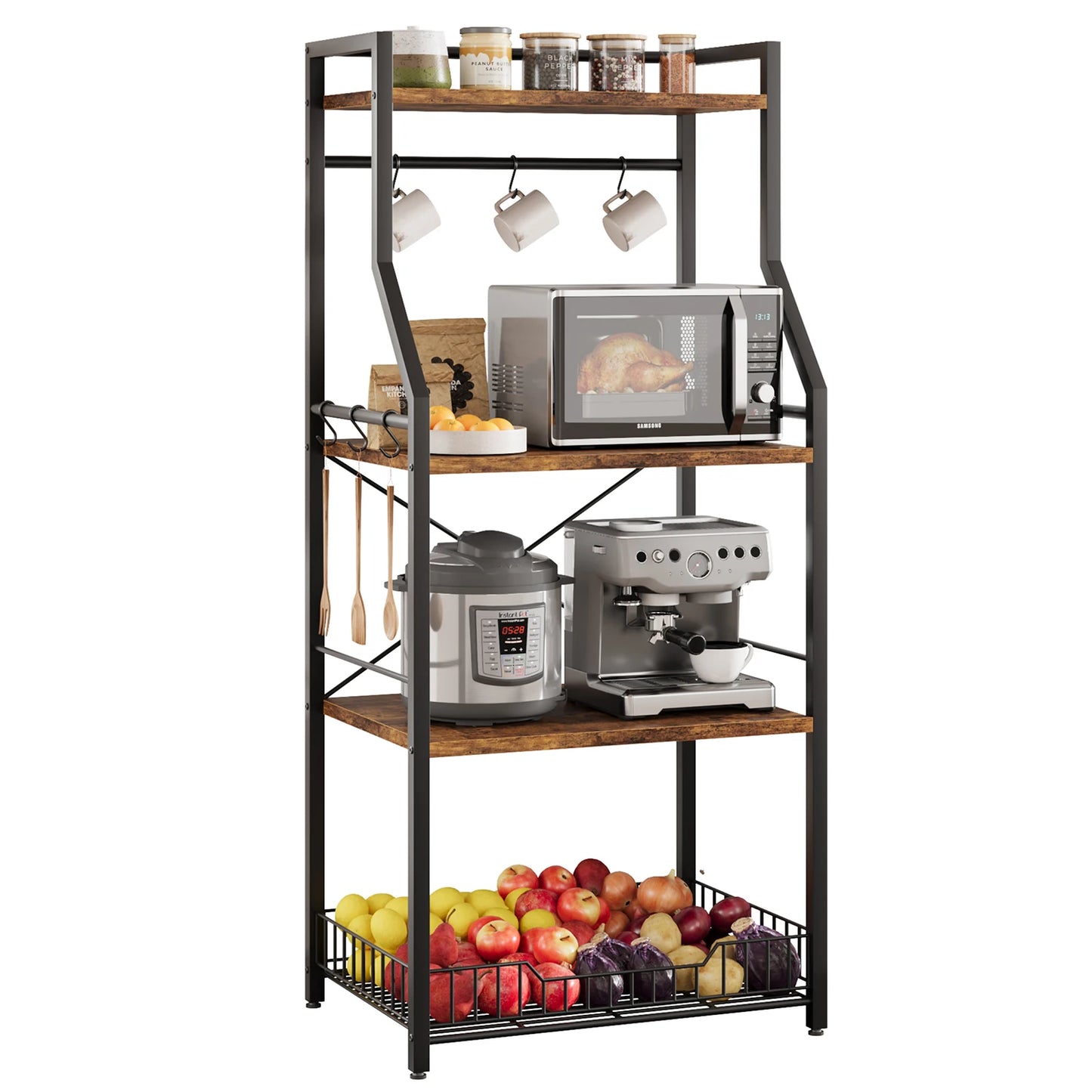 4-Tier Kitchen Bakers Rack With Microwave Oven Stand And Wire Basket 8 Hooks