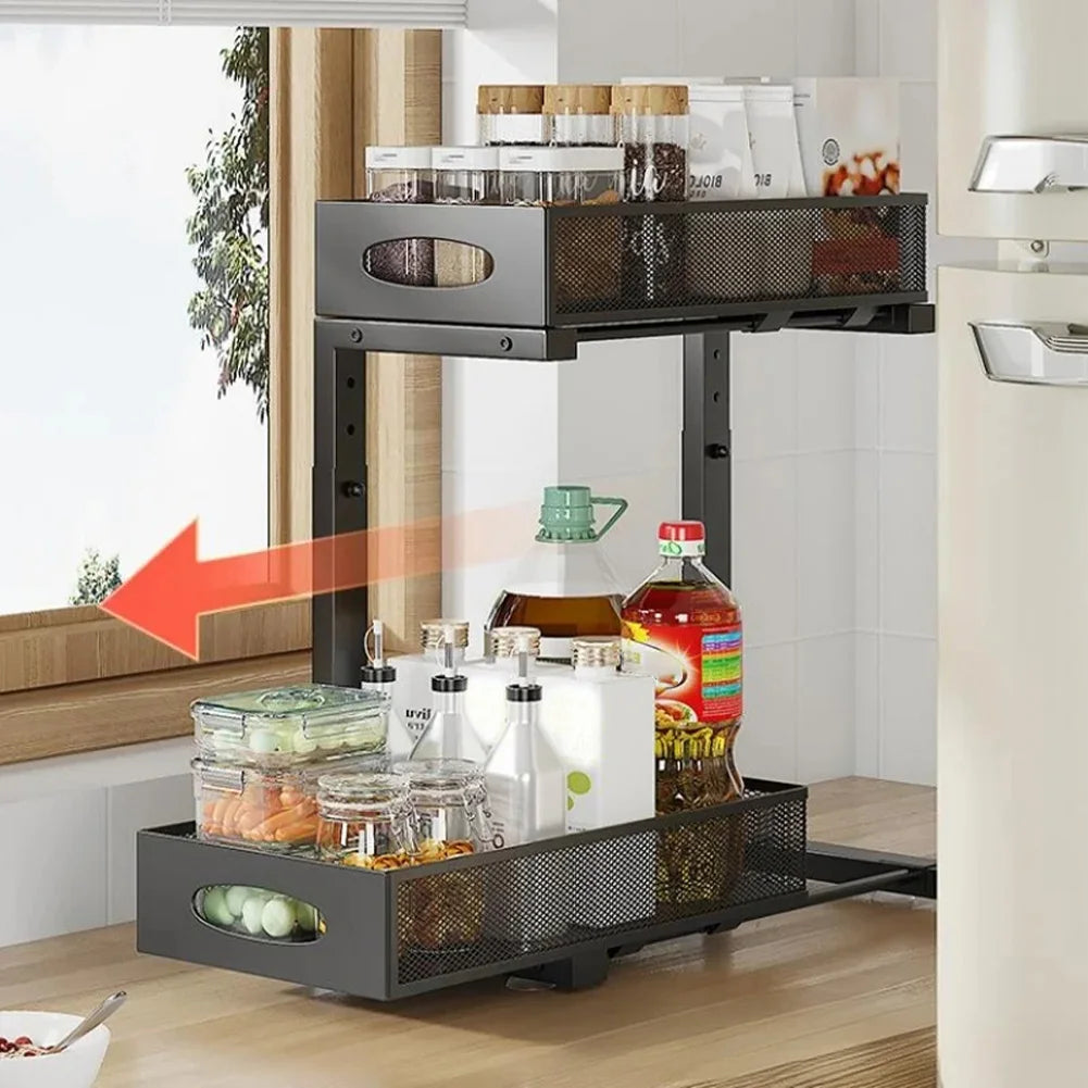 2 Tier Adjustable Under Sink Organizer With Sliding Pullout Drawer Kitchen