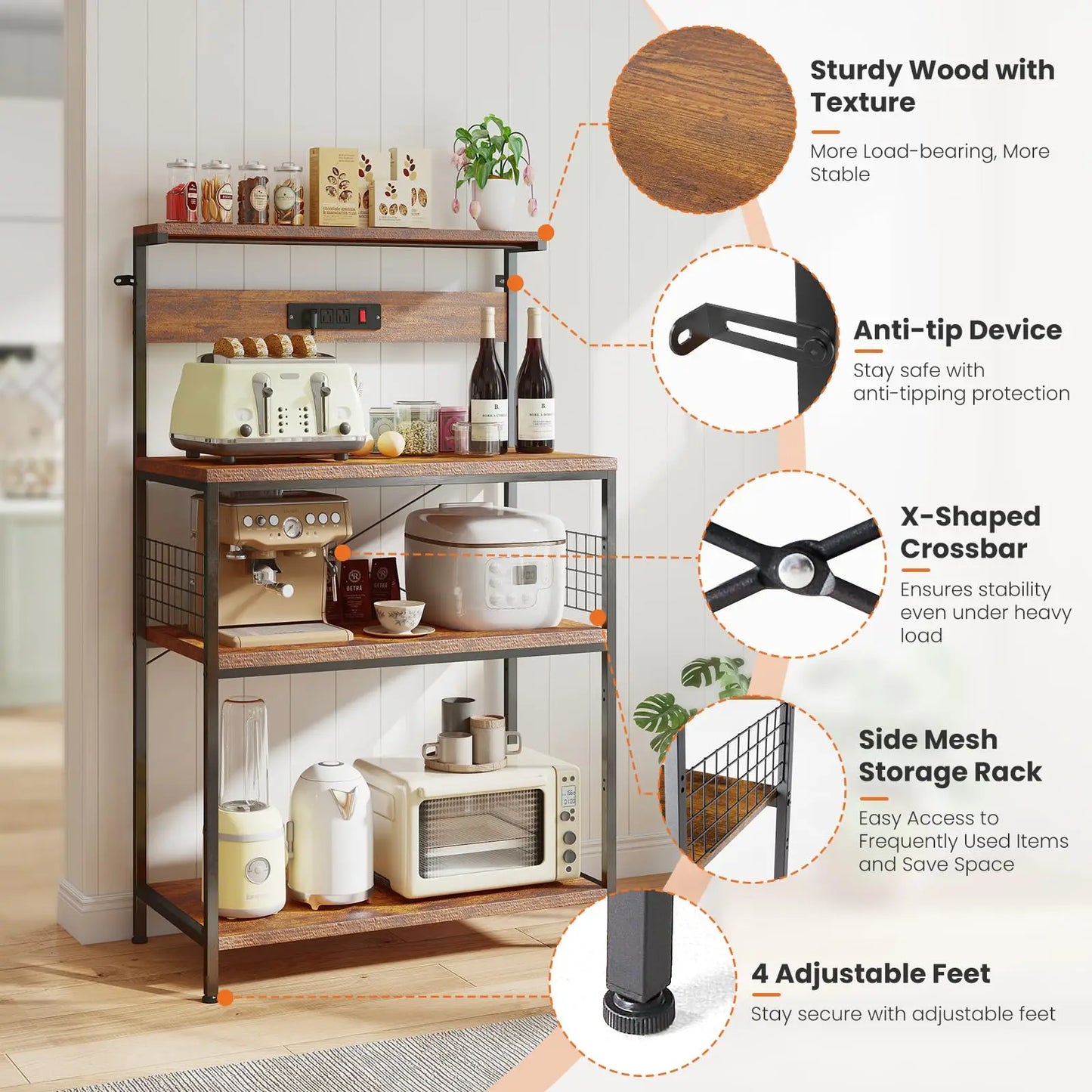 JHK 31.5 Inch Kitchen Bakers Rack Power Outlet And Microwave Oven Stand