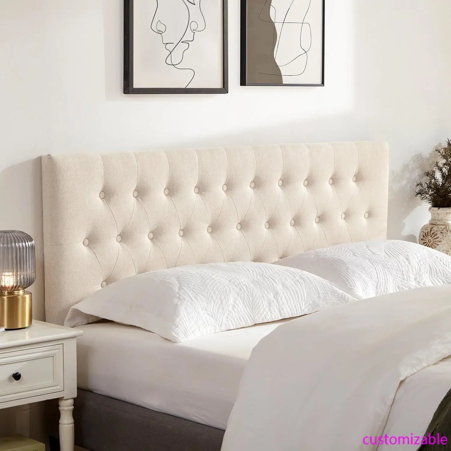 Beige Upholstered Queen Headboard Tufted With Wood Frame And Metal Legs 37 To 51