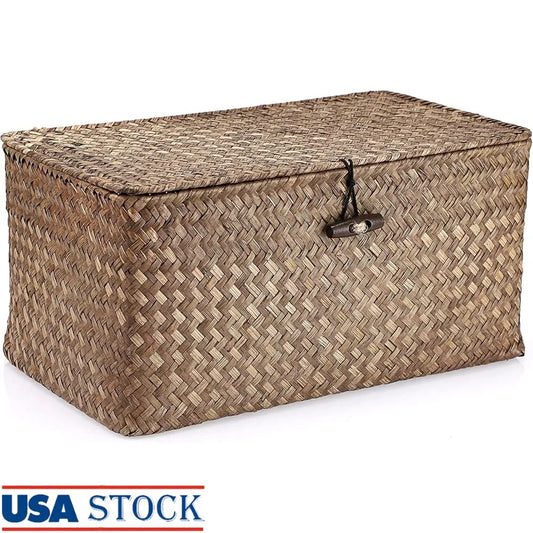 Handwoven Seagrass Storage Basket With Lid Rectangular For Home Office Gift Idea