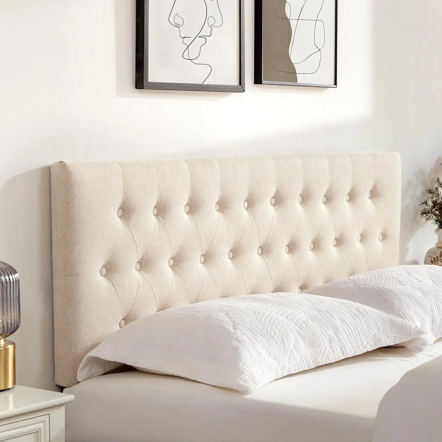Beige Upholstered Queen Headboard Tufted With Wood Frame And Metal Legs 37 To 51