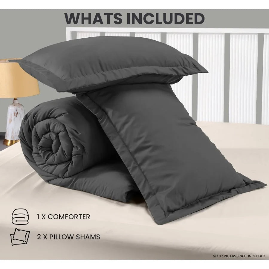 Queen Grey Comforter Set 3 Piece Down Alternative Bedding 88 x 88 Inch Comforter