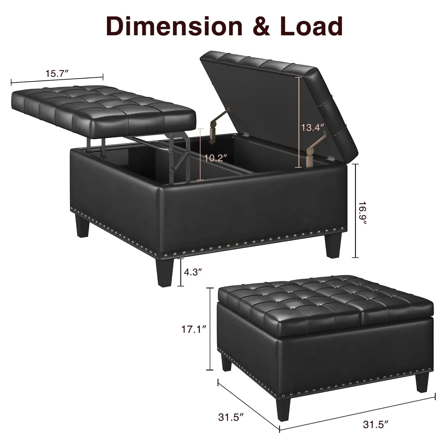 Vabches Square Ottoman Storage Bench Lift Top Faux Leather Footrest