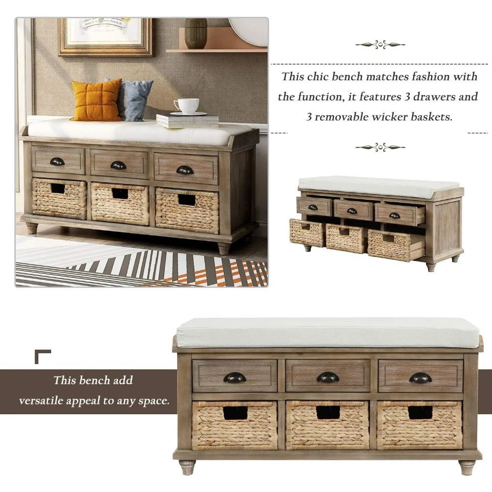 DAFIFY White Washed Wood Storage Bench With 3 Drawers And 3 Rattan Baskets