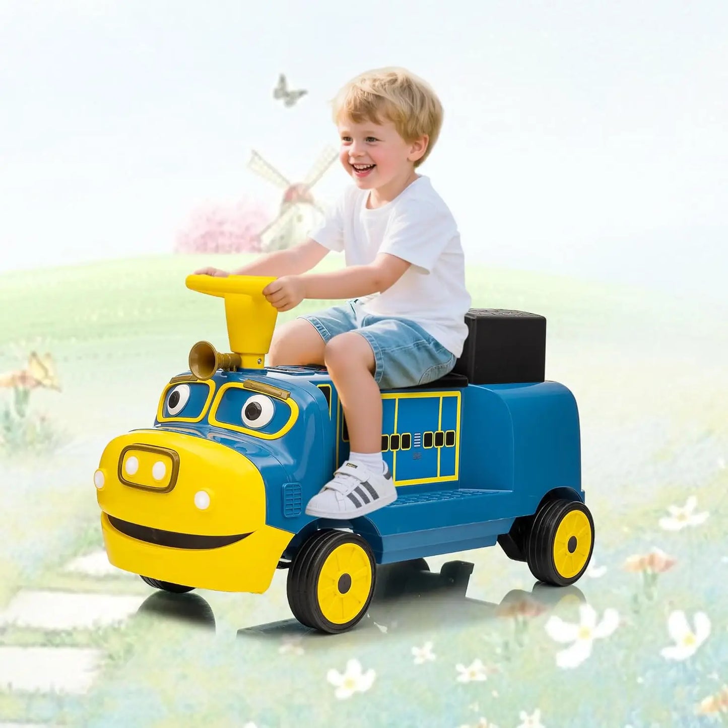 2 Seater 12V Trackless Ride On Train For Kids With Adjustable Seat And Storage