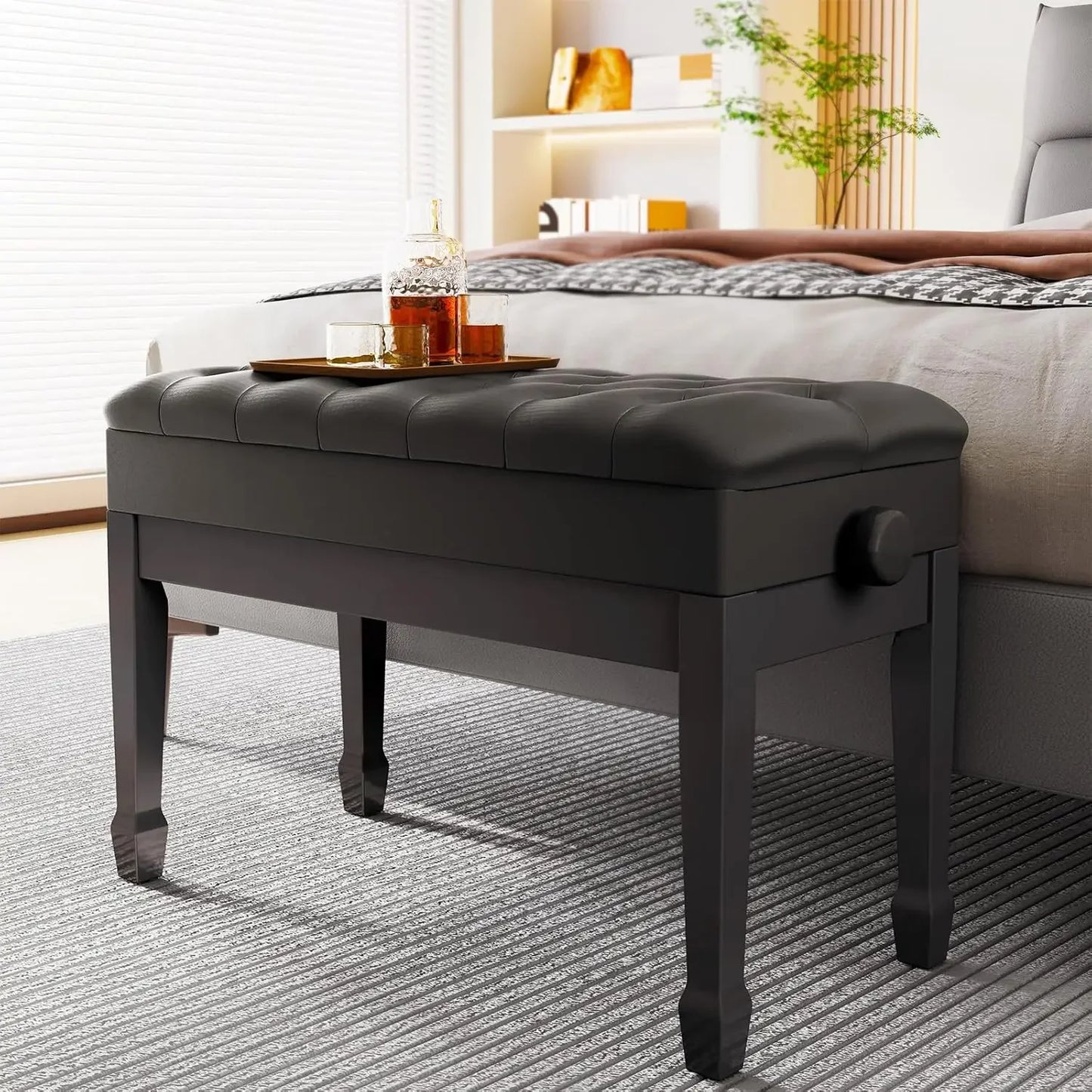 Double Piano Bench Leather With Storage Adjustable Cushion Black
