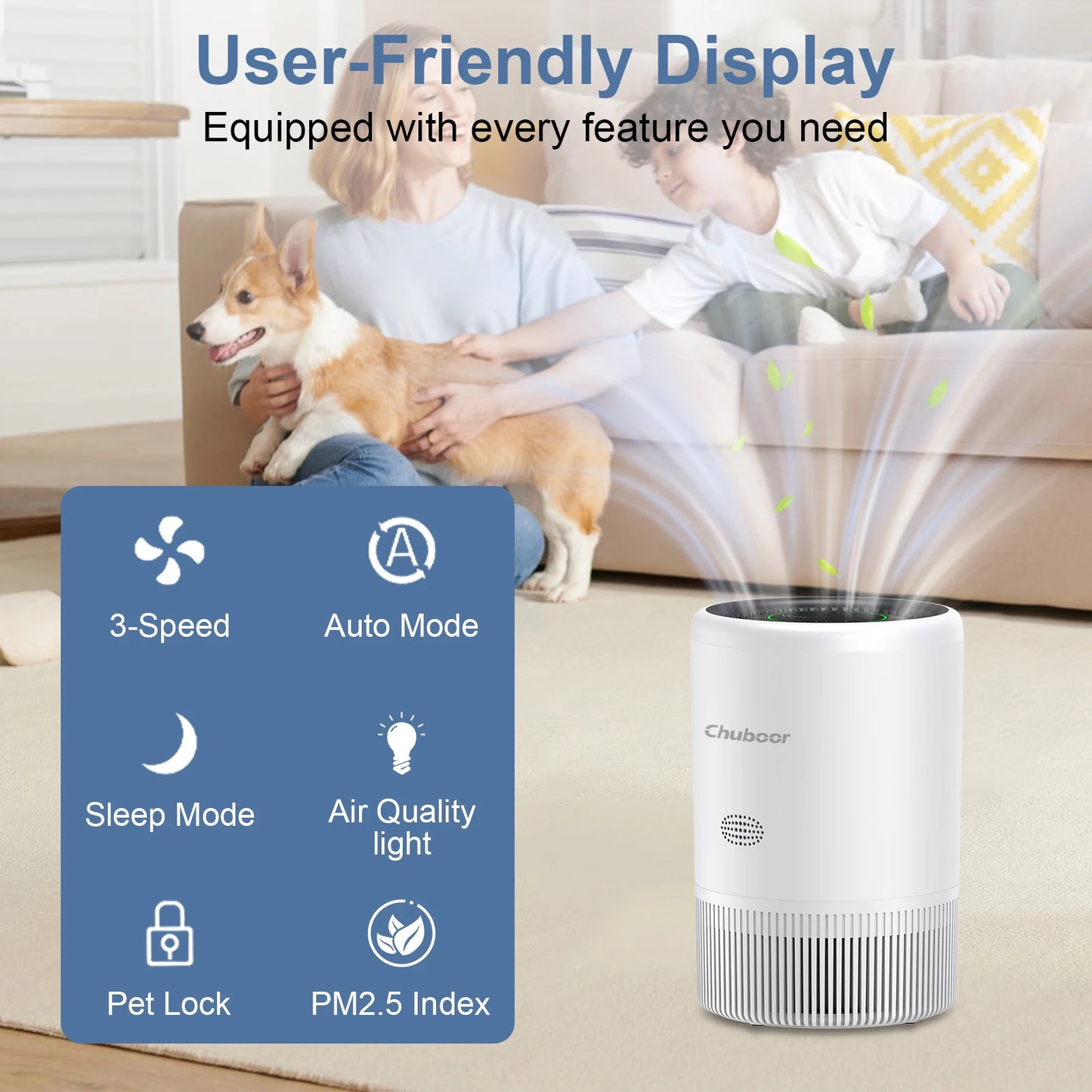 Chuboor Smart Air Purifier With App Alexa Control PM2.5 Monitor For Bedroom