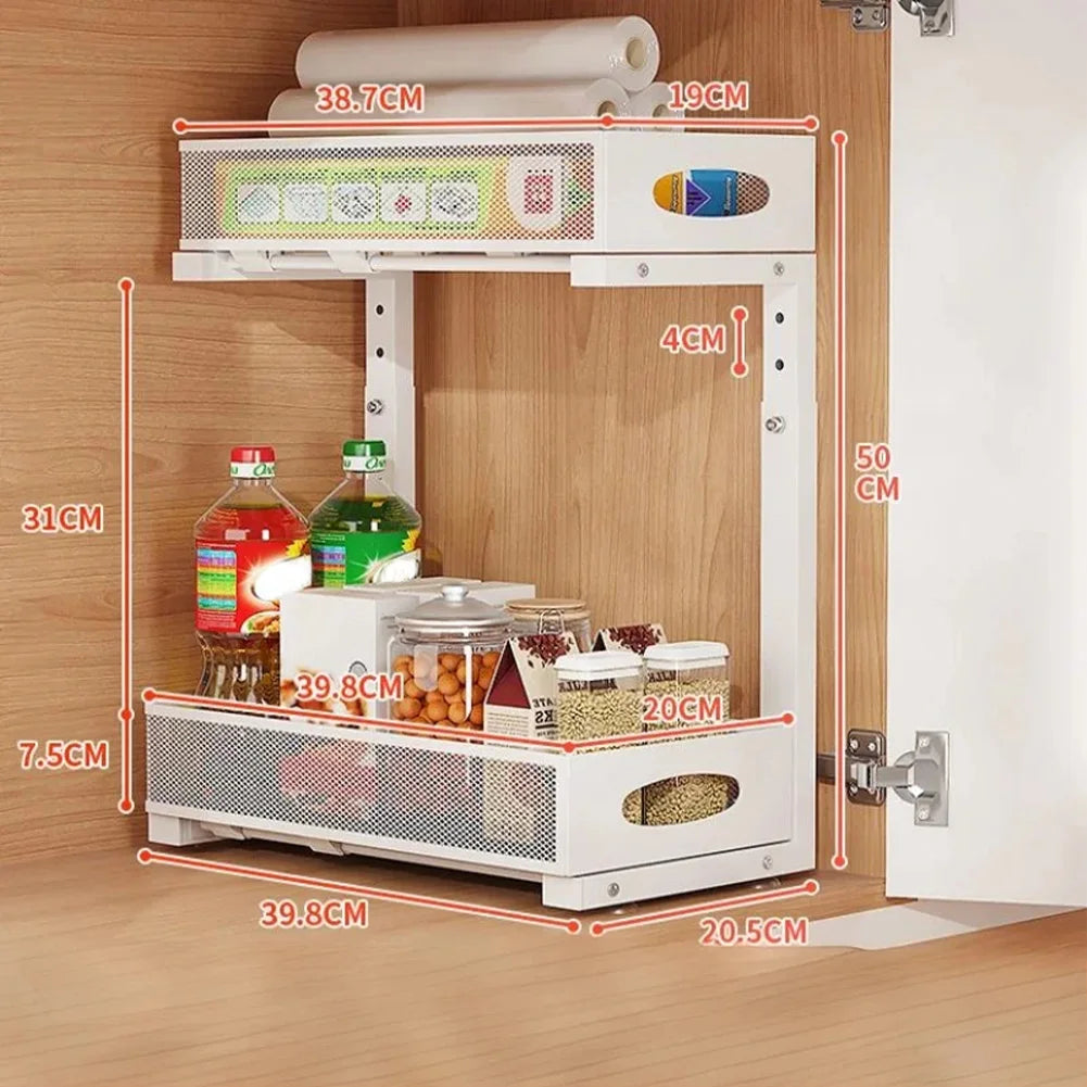 2 Tier Adjustable Under Sink Organizer With Sliding Pullout Drawer Kitchen