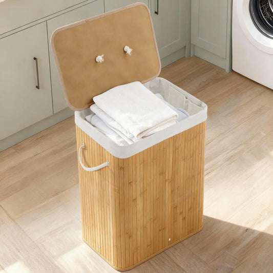 Bamboo Laundry Hamper 104L With Removable 4 Section Liner Foldable Basket
