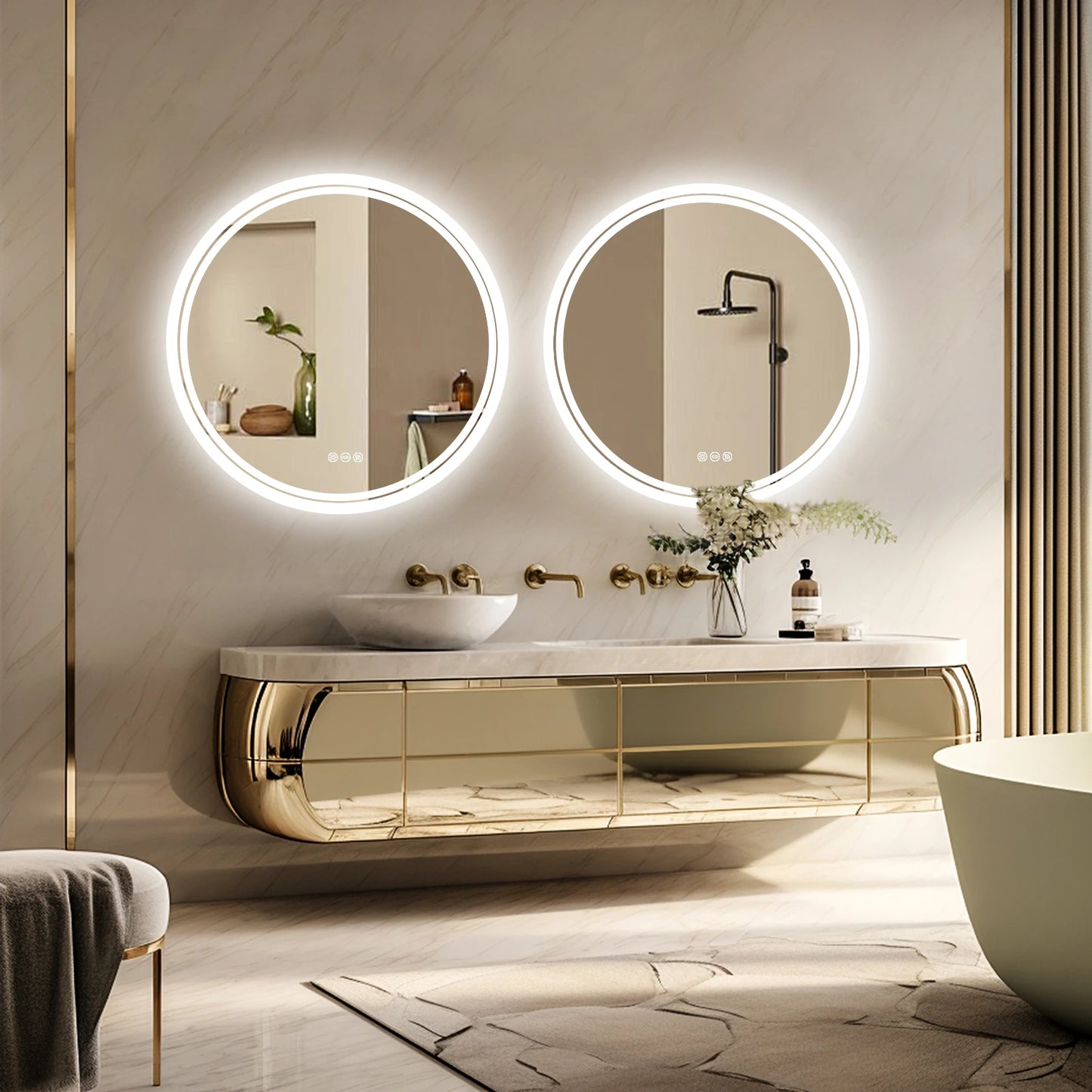 Round LED Bathroom Mirror With Backlit Anti Fog Dimmable 3 Color Temp IP65
