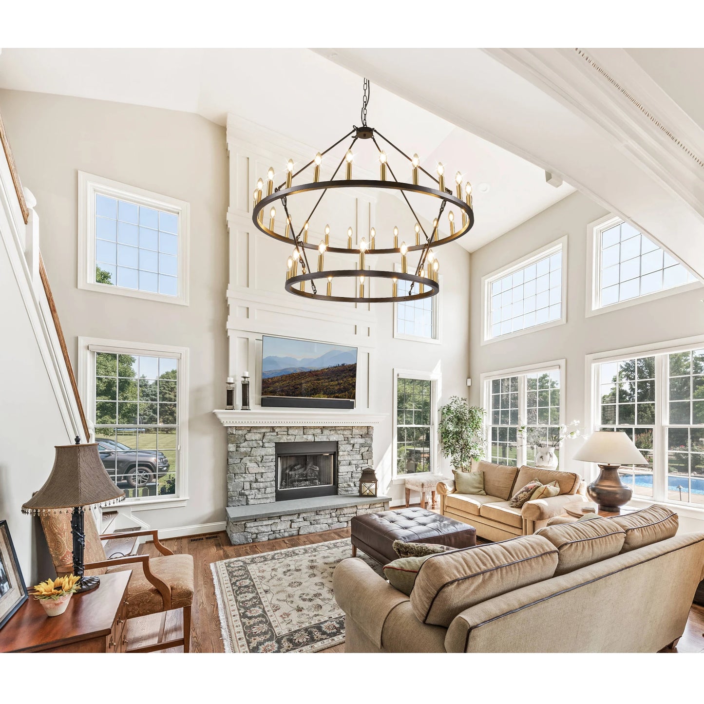 47 Inch Wagon Wheel Chandelier 2 Tier 36 Lights Farmhouse Pendant Dimmable