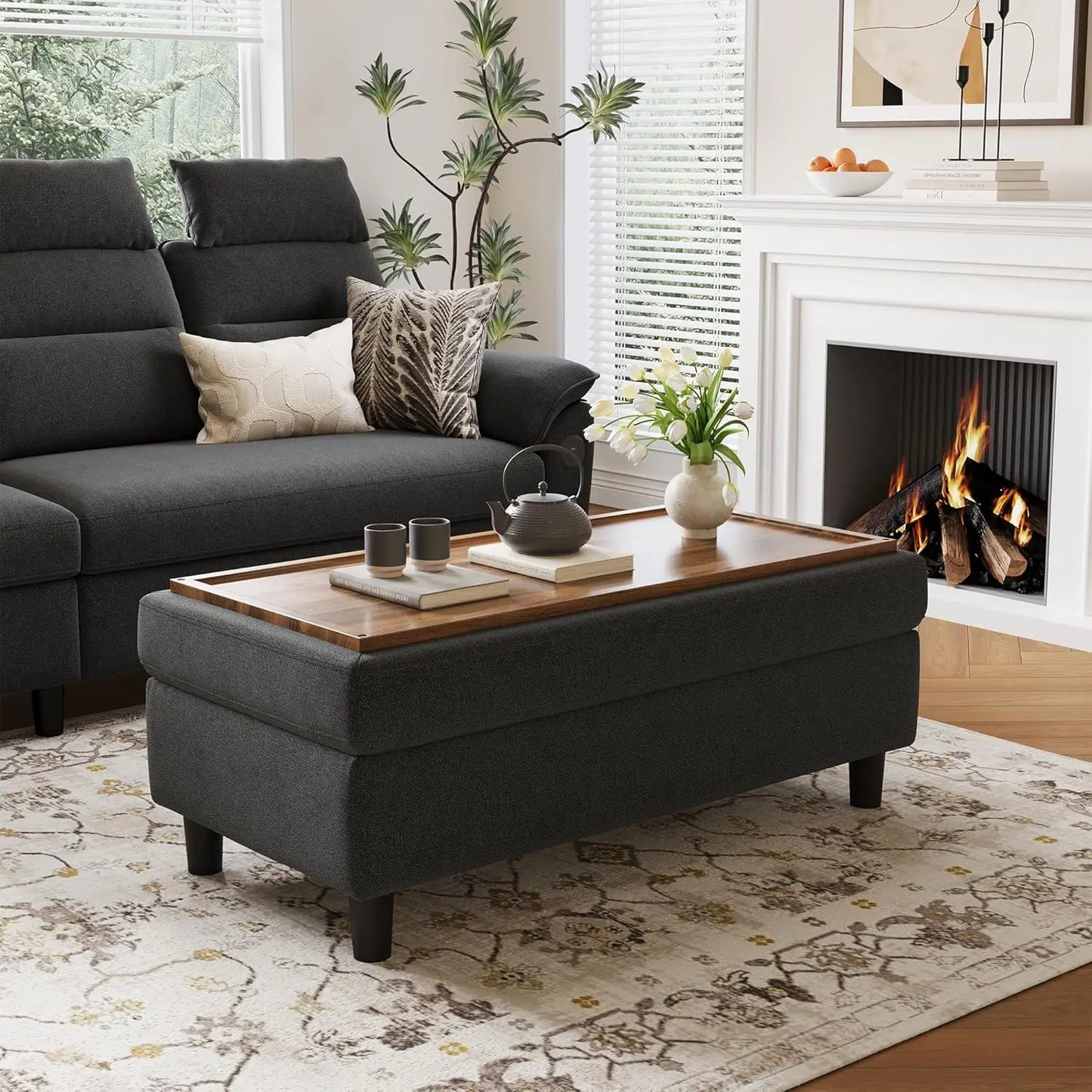 46 Inch Wide Storage Ottoman Bench Coffee Table Linen Beige Footstool Chest