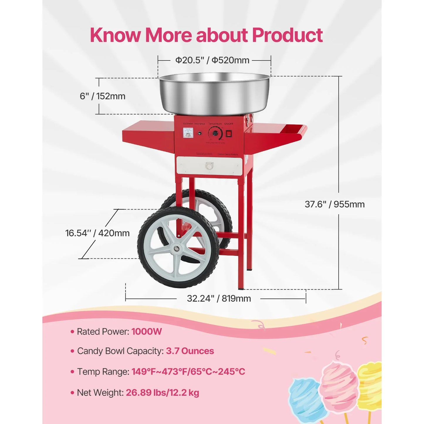 SucceBuy Electric Cotton Candy Machine With Cart 1000W 20.5 Inch Stainless Bowl