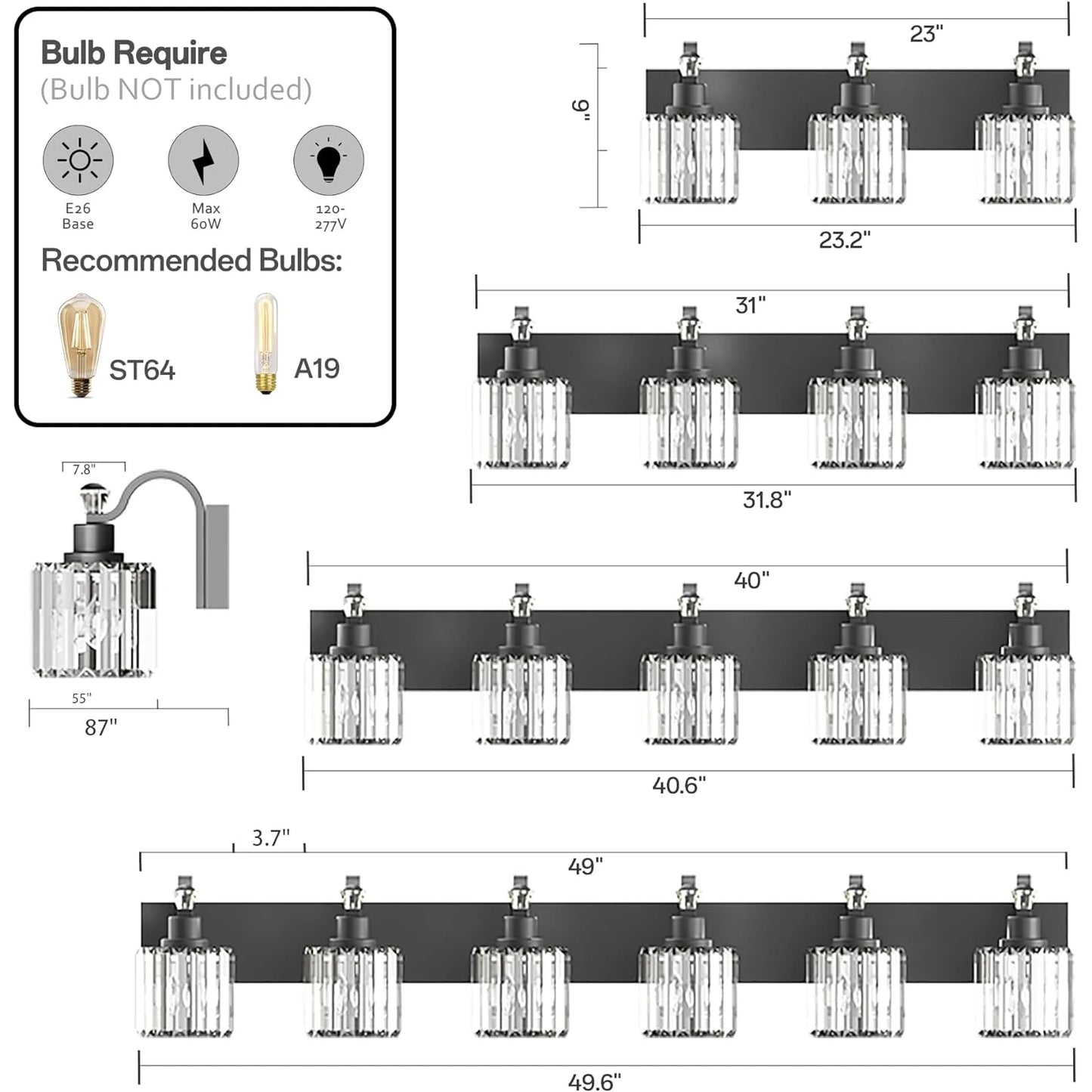 Black Crystal Bathroom Vanity Lights 3 4 5 6 Pack Modern Over Mirror