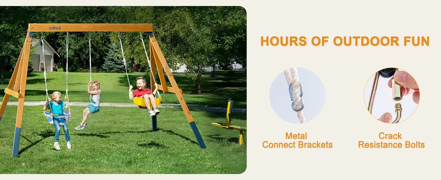 Robotime Robud 3 In 1 Wooden Playground Swing Set For Backyard With Tree Swing