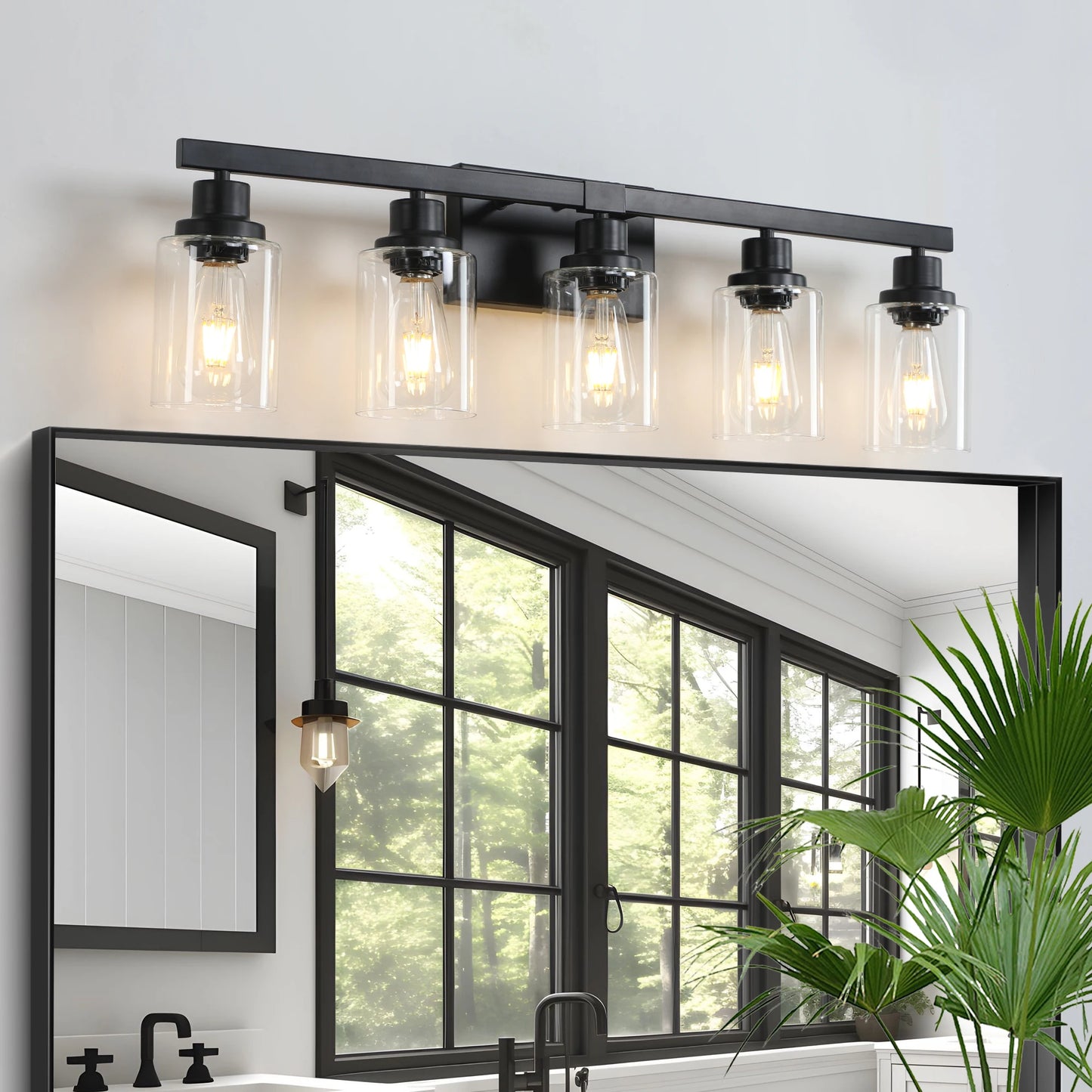 Modern Industrial Bathroom Vanity Light Five Light Sconce Clear Glass Lampshades
