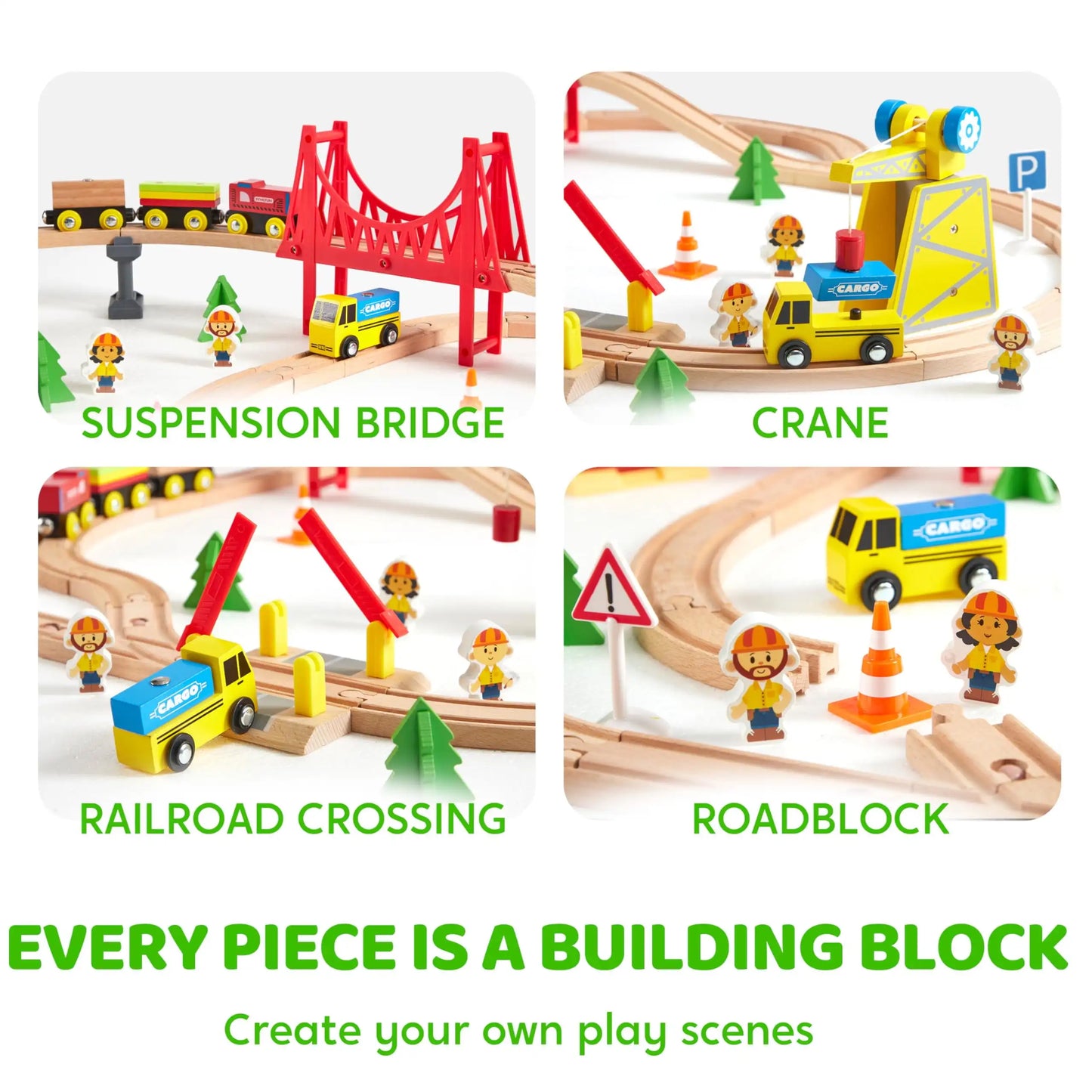 Joyfy 60 Pcs Kids Train Toys Wooden Tracks & 6 Magnetic Trains Expandable Train Set for Toddlers Birthday Christmas Gifts