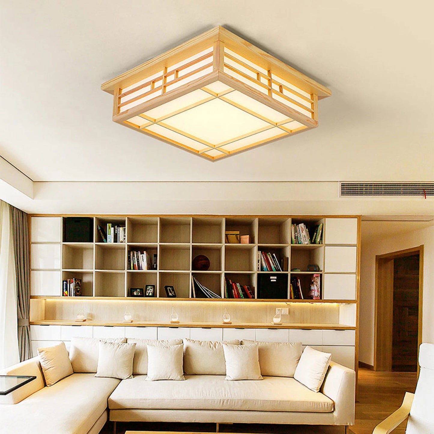 Japan Style Solid Wood Ceiling Lamp With Remote Control LED Flush Mount