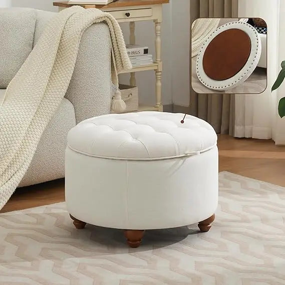24 Inch Round Storage Ottoman With Removable Tray Tufted Fabric Coffee Table
