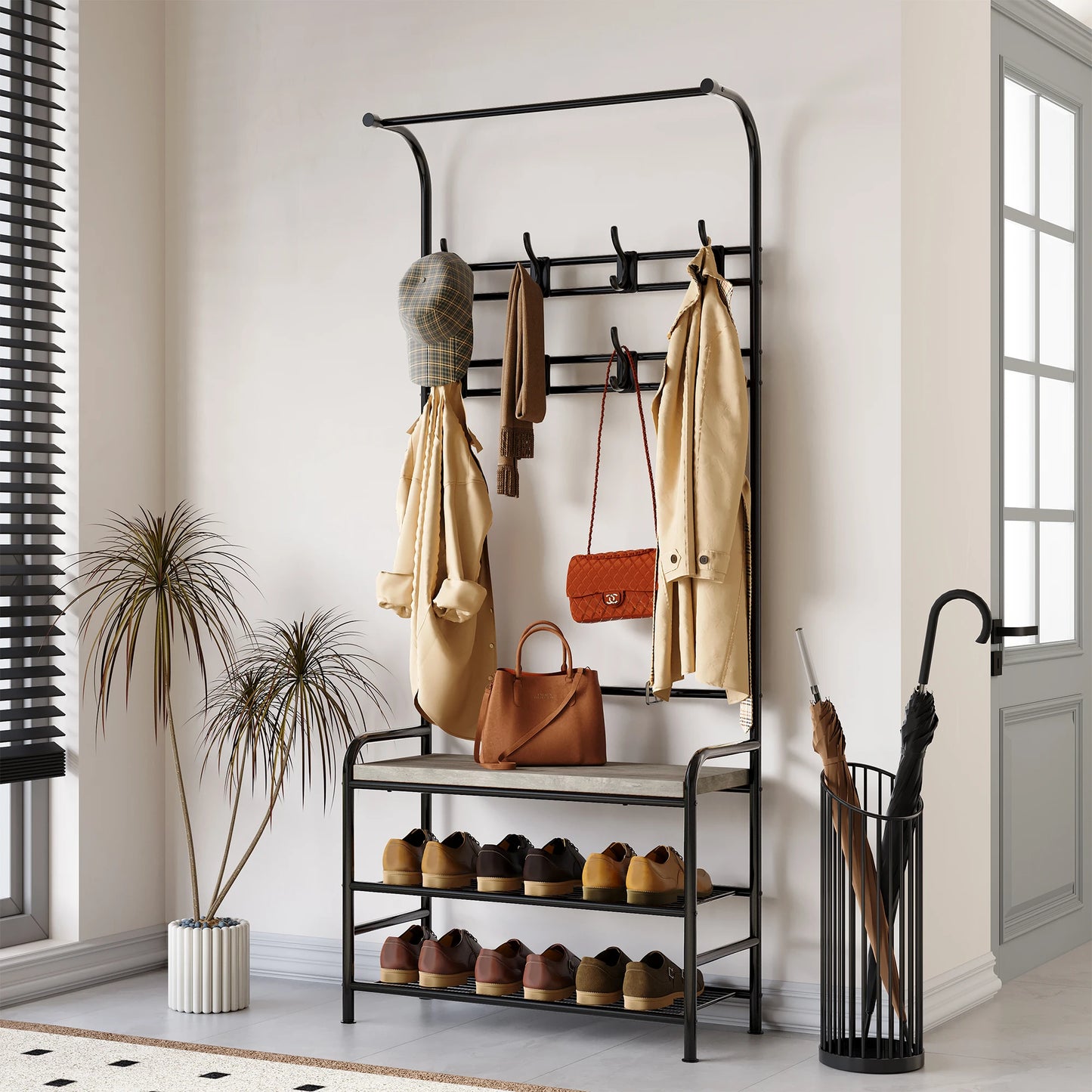 3-in-1 Hall Tree Shoe Rack for Entryway, Coat Tree with 3-Tier Storage Shelf and 8 Hooks, Multifunctional Hallway Organizer