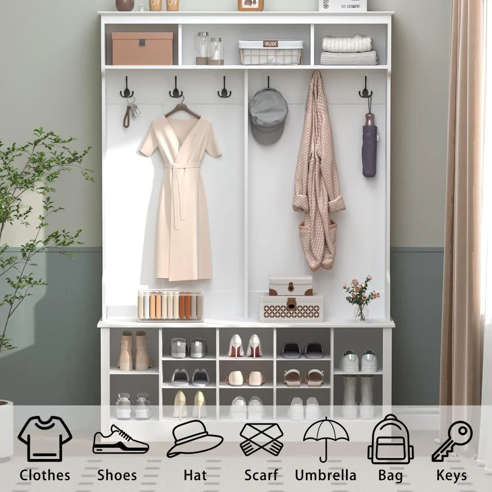 Hanger with Bench and Shoe Cabinet, 53 Storage Boxes with Hangers, 6 Hooks, 12 Shoe Cabinets