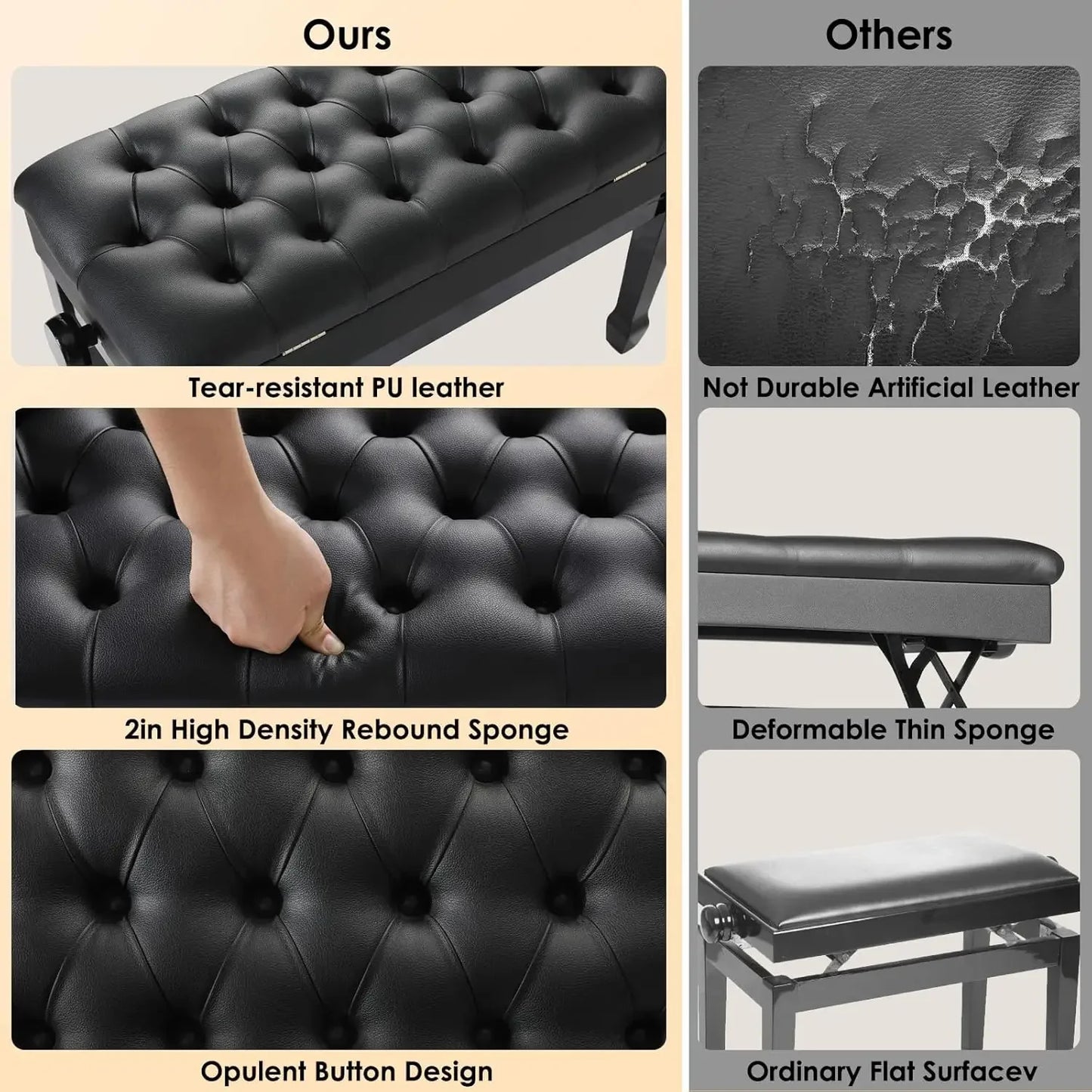 Double Piano Bench Leather With Storage Adjustable Cushion Black