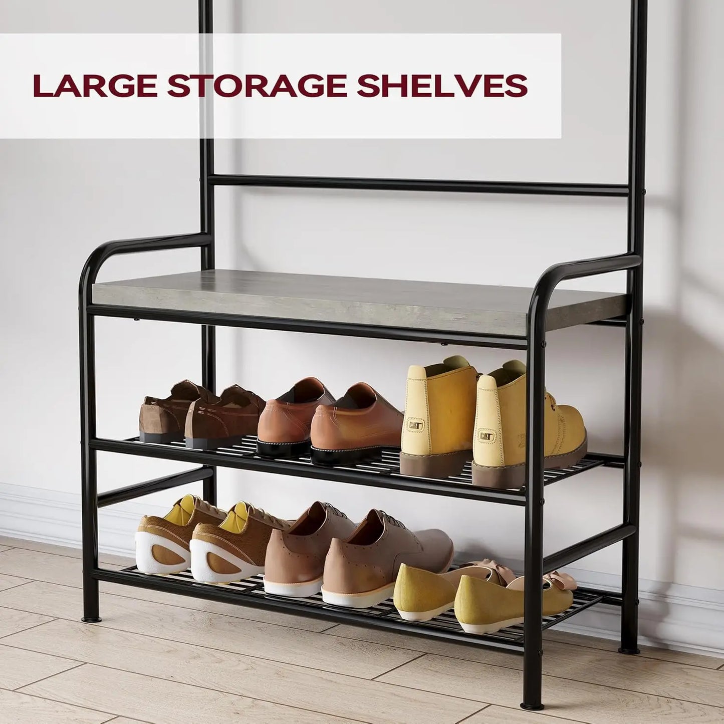 3-in-1 Hall Tree Shoe Rack for Entryway, Coat Tree with 3-Tier Storage Shelf and 8 Hooks, Multifunctional Hallway Organizer